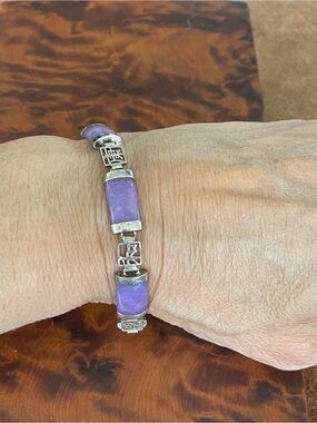 Vintage Sterling Silver Rhodium Plated  925 Lavender Jade Lucky Link Bracelet